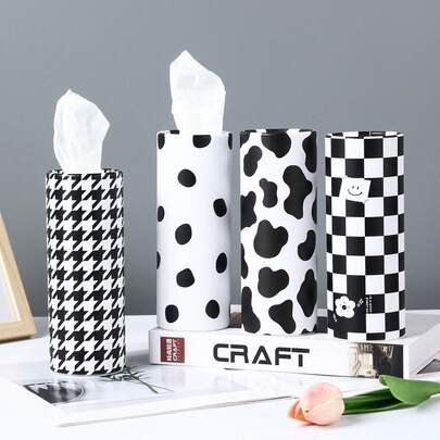 Bộ hộp khăn giấy ô tô kẻ sọc đen trắng cổ điển, hộp khăn giấy tròn, hộp khăn giấy gia đình