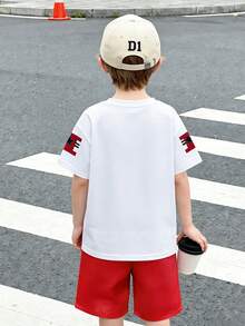 2pcs Toddler Boys' Spring/Summer Short Sleeve T-Shirt & Shorts Set, White Tee With Gradient Letter & Robot Digit Print, Red Shorts With Matching Elements, Dirt-Resistant & Skin-Friendly, Suitable For School, Casual Outings, Family Trips, Boys' Outfit - Red - View 8