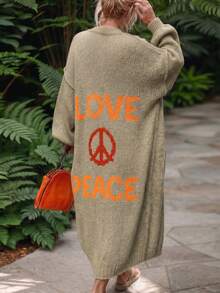 Fashionable New Autumn/Winter Tops, Featuring Letter Print, Contrast Stitching, Color Block, Colors, Pattern, Long Sleeve Sweater, Women's Casual Oversized Cardigan, Suitable For Outerwear - Khaki - View 3