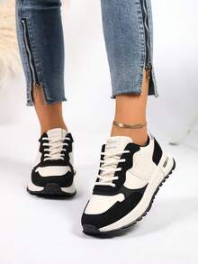 New Round Toe Lace-Up Color Block Versatile Fashion All-Match City Outdoor Casual Sports Shoes For Women - Black and White - View 3