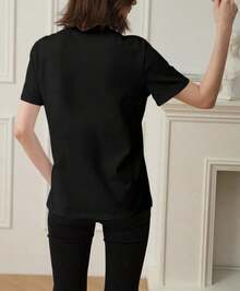 Women's Short-Sleeved Crew Neck T-Shirt, Loose Fit, Casual And Versatile. Featuring A Modern, Elegant And Sophisticated Simple Letter Print, Ideal As A Wardrobe Staple; Made From Soft Fabric With A Beautiful Drape. Vintage Street Style Unisex Loose Cotton Short Sleeve Crew Neck T-Shirt - 黑色 - 查看 2