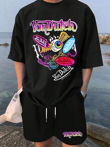 Men 2 Piece Set Graphic Tees Casual Print T Shirt And Shorts Set Vons Dutch Logo And Eye Design Y2k Style Soft Fabric Breathable Print T Shirt And Shorts Set - 黑色 - 查看 1