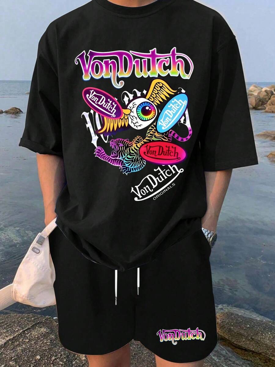 Men 2 Piece Set Graphic Tees Casual Print T Shirt And Shorts Set Vons Dutch Logo And Eye Design Y2k Style Soft Fabric Breathable Print T Shirt And Shorts Set - 黑色 - 查看 1
