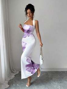 Vestido midi estampado de verano 2025 para mujer, con cuello halter y cintura ajustada. - Púrpura malva - Ver 3