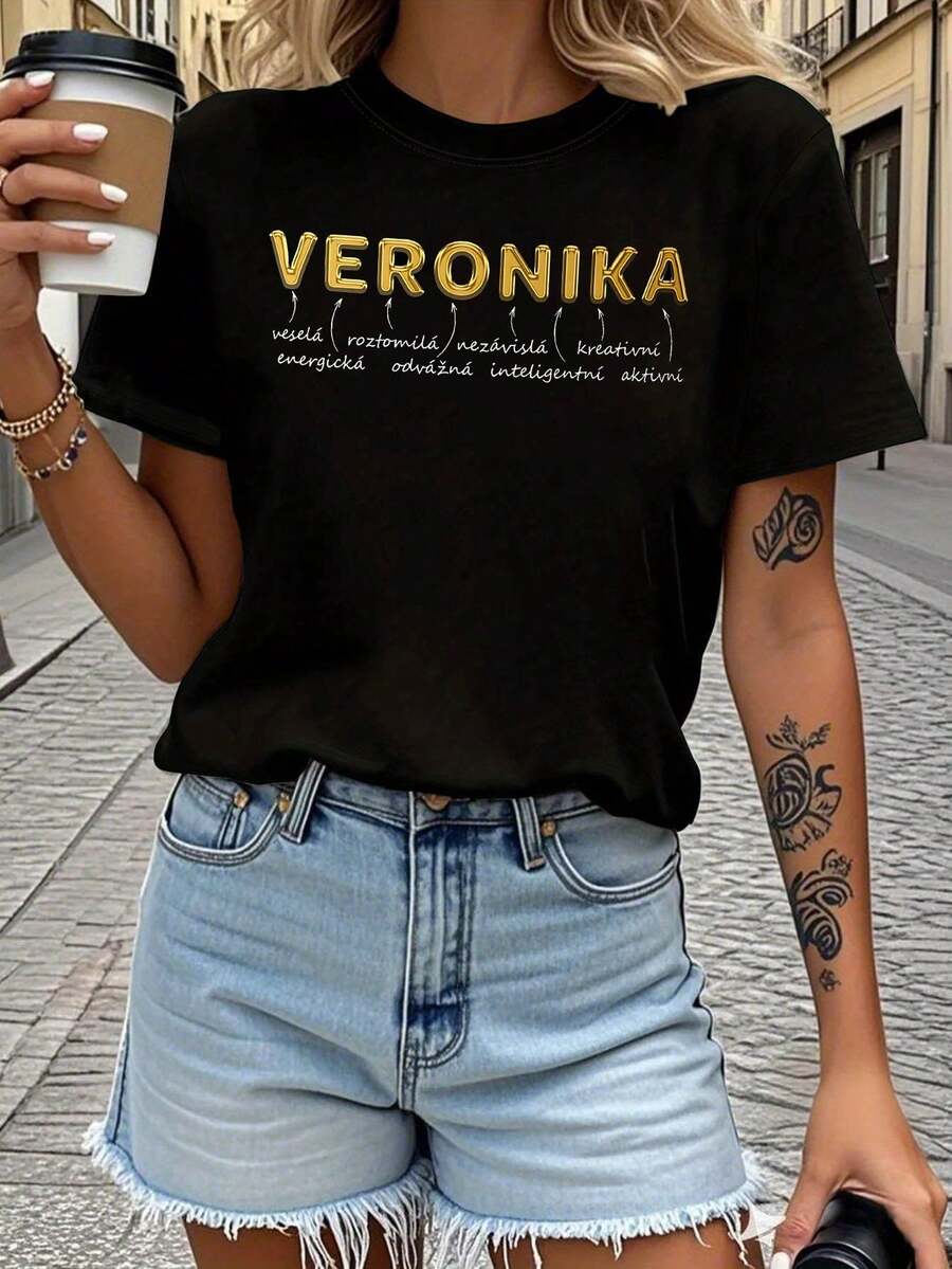 Camiseta casual de manga corta y cuello redondo para mujer Veronika en checo con estampado de letras, perfecta para primavera y verano, ideal para uso diario y regalos festivos - Negro - Ver 1