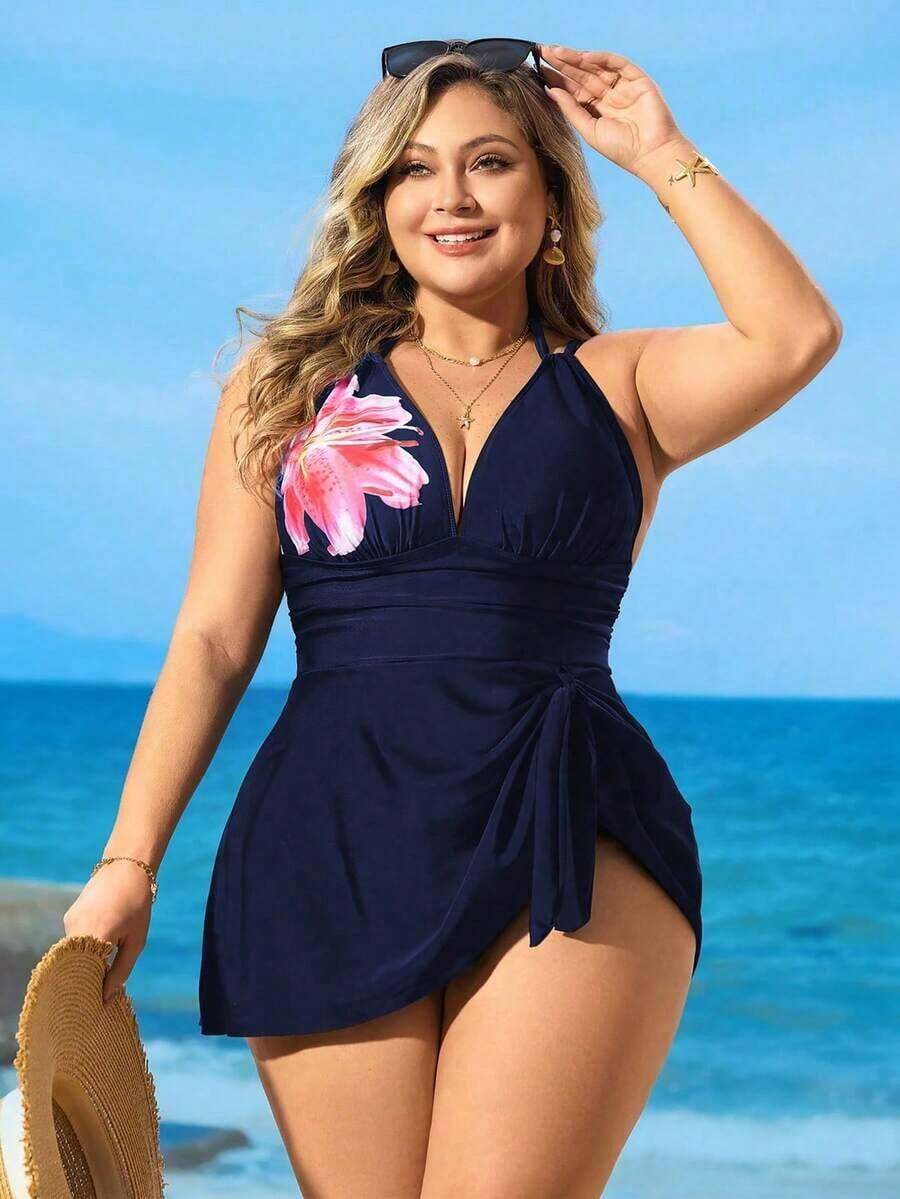 Plus Size Women 2Pcs/Set V-Neck Spaghetti Strap Printed Tankini Top And Bottoms Swimsuit For Summer Beach Vacation - Multicolor - Ver 1