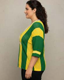 Brazil Women's Plus Size V-Neck Knit Blouse, Sizes M To XL, Brazilian National Team Style - 黃色 - 查看 4