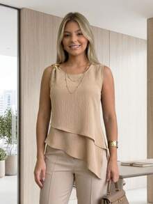 Women's Asymmetrical Blouse In Duna Fabric With Gold Buckle Detail And Side Slit - Beige - View 1