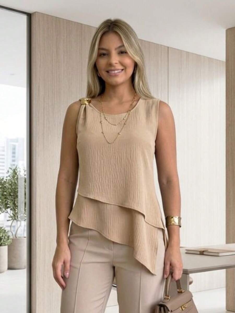 Women's Asymmetrical Blouse In Duna Fabric With Gold Buckle Detail And Side Slit - Beige - View 1