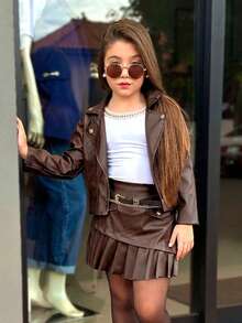 Women's Leather Set - Jacket + Skirt Shorts, Modern Style, Children's Fashion - 鏽棕色 - 查看 3
