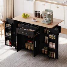 120*45cm, Mobile Kitchen Island, Kitchen Trolley, Extendable Worktop Up To 70cm, Concealed Cutlery Drawer, Adjustable Shelves, Spice Rack And Towel Rail, Suitable For Kitchen, Dining Room Or Living Room - Black + Natural - View 4