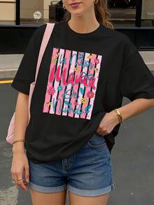 Camiseta Negra con Estampado de Rayas y Flores La Mejor Mama del Mundo para Mujer Casual - Negro - Ver 1