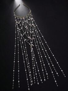 1pc New Stylish Rhinestone Decorated Grid Tassel Headband, Elegant Hairband Accessory For Women, Headpiece, Head Jewelry, Head Chain, Bride To Be, Party, Hair Accessories For Women - Vàng - Xem 4