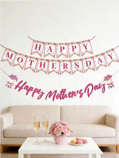 1 Set Mother's Day Party Banner, Including Double-Layer Floral Print Flag And Pink Glitter "Happy Mother's Day" Banner. These Mother's Day Party Decorations Aim To Express Love And Gratitude For Mothers. Happy International Women's Day!