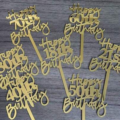 1pc Gold "Happy Birthday" Cake Topper, Acrylic Cake Decoration, Suitable For 18th/21st/30th/40th/50th/60th/70th Birthday Party Cake Decor, Acrylic Birthday Cake Decor, Dessert Table Decor, Baking Supplies, Party Decorations, Kitchen Essentials, Holiday Gifts, Modern Alphabet Cake Top Decor, Perfect Memento For Family And Friends Birthday Party Decor