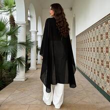Women Sheer Ponchos Casual Loose See Through Boat Neck Irregular High Low Coverup Tops - Negro - Ver 2