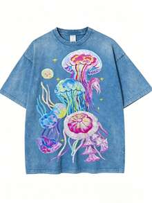 Washed T-Shirt Unisex Jellyfish Revenge Print T-Shirt| High-Quality Batik Retro Fashion, Casual Style, Crew Neck, Flared Hem, Short Sleeves, Perfect For Spring/Summer/Fall, Ideal Holiday Gift,Summer Outfits For Women,Tops For Women - 藍色 - 查看 1