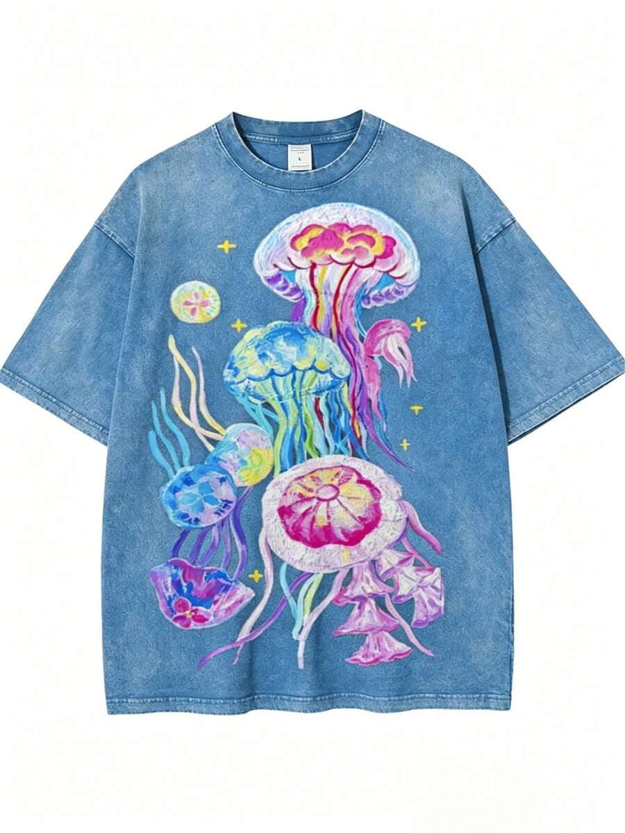 Washed T-Shirt Unisex Jellyfish Revenge Print T-Shirt| High-Quality Batik Retro Fashion, Casual Style, Crew Neck, Flared Hem, Short Sleeves, Perfect For Spring/Summer/Fall, Ideal Holiday Gift,Summer Outfits For Women,Tops For Women - 藍色 - 查看 1
