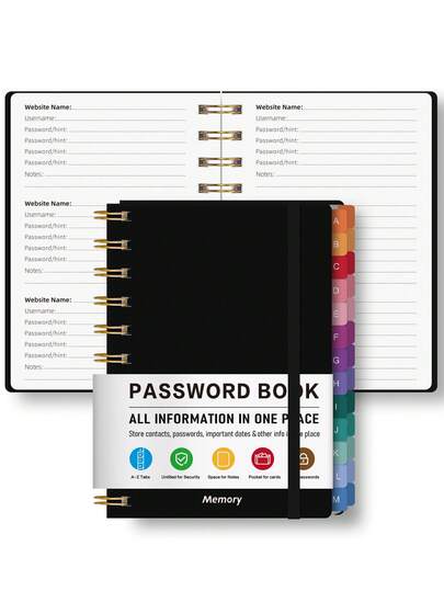 BUBU Spiral Password Book With Alphabetical Tabs - A5 5.8" X 8.2" Small Password Keeper Book With Inner Pocket For Seniors , Large Print, Hardcover, 450 Logins – Internet Password Organizer Notebook For Home & Office Supplies