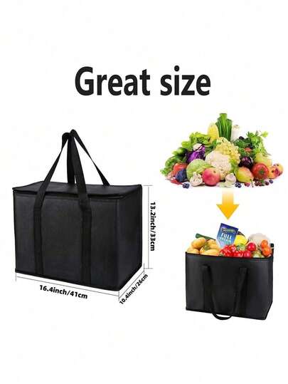 1pc Black Non-Woven Fabric Large Capacity Insulated Cooler Bag, Reusable Non-Woven Bag, Suitable For Car And Outdoor Use