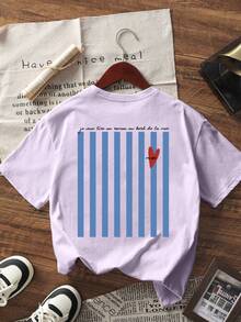 夏季新品簡約時尚藍色條紋印花休閒圓領短袖T恤，百搭時尚女款T恤 - 紫色 - 查看 5