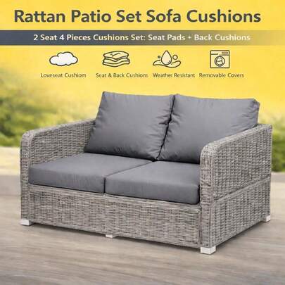2 Seater 4pcs Outdoor Rattan Chair Cushion Set – Garden Patio Sofa Seat & Back Pads, Water-Resistant Covers, Replacement Cushions For Outdoor Furniture