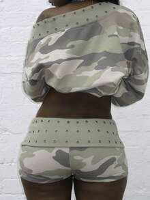 Women's Punk Eyelet Fold Over Waist Shorts, Y2K Camo Solid Summer Bottoms, Low Waist Bodycon Going Out Bottomss For Women Club Streetwear Party Outfits - ngụy trang - Xem 3