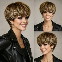 Human Hair Wig For Women Featuring A Layered Short Straight Pixie Cut, Available In Mixed Colors SP4/27 (Brown/Blonde) Remy Peruvian Wig Includes Bangs And Is Fully Machine-Made, Perfect For Holiday And Party Christmas - SP4/27 - View 4