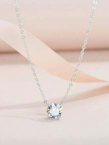 1pc Fashionable Minimalist Single Rhinestone And Clear Stone Flash Pendant Necklace Suitable For Women's Daily Wear - bạc - Xem 3