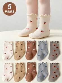 5/10 paires de chaussettes à volants de couleur aléatoire pour bébés filles, chaussettes imprimées de fleurs, cerises et kiwis, chaussettes essentielles d'été, cadeaux de fête pour bébés et enfants - Multicolore - Voir 7