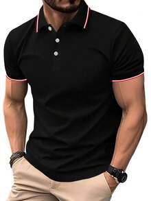 Summer Short-Sleeve Polo Shirts For Men, Solid Color, Plain, Available In Multiple Colors, Casual Sportswear - Black - View 1