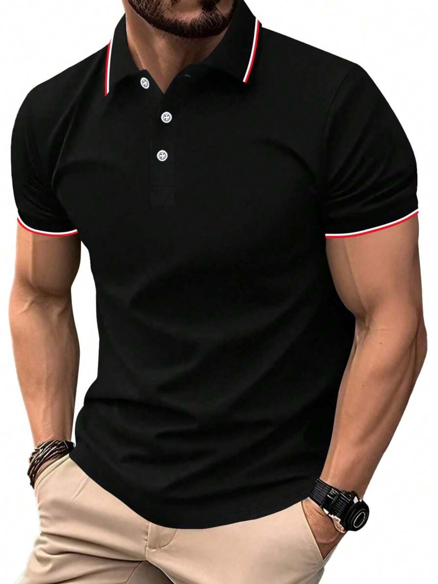 Summer Short-Sleeve Polo Shirts For Men, Solid Color, Plain, Available In Multiple Colors, Casual Sportswear - Black - View 1