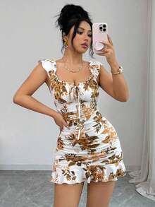 Vestido camisero con volantes en el bajo y hombros descubiertos, estilo vintage con estampado - Vestido entallado de línea A - Multicolor - Ver 4