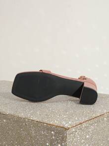 Square Toe Thick High Heel Sandals, Simple Elegant Dignified One-Strap Design, Suitable For Daily Outings, Work And Party Occasions, Fashionable Versatile Women's High Heel Sandals, Available In Black And Red,Chunky Heels,Summer Shoes - Dusty Pink - View 7