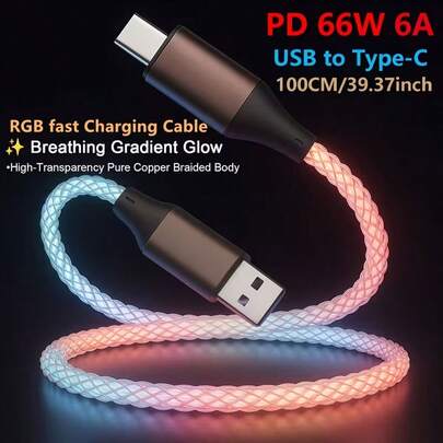 Type-C To Type-C Fast Charging RGB Cable 66W Breathing Light 66W Type C USB C Data Cable For Phone 30W Quick Charge High Aesthetic Fast Charging Data Cable