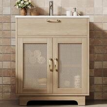Freestanding Bathroom Cabinet Measuring 76x46x88cm, Moisture Resistant, With Liftable Drawers And Soft-Close Double Doors, High Legs With Rattan Details, Ceramic Sink, Natural Color. - 自然色 - 查看 2