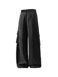 黑色工装裤，美国涂鸦印花，大口袋，直筒裤型，休闲宽松牛仔裤，适合青少年、学生和儿童。 - 黑色 - 查看 4