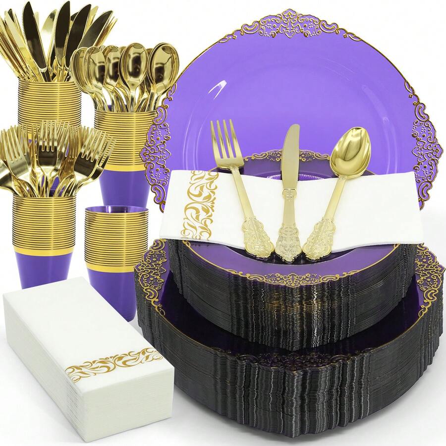 350PCS Purple Gold Plastic Plates For Party Dinnerware Sets For 50 Guests, Vintage Disposable Plastic Party Plates Cups Spoons Forks Knives Napkins For Wedding Birthday Christmas BBQ Parties - Màu tím - Xem 1