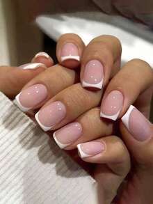 120 piezas Conjunto de uñas postizas francesas de cobertura total! Uñas falsas francesas, de cobertura total, adecuadas para mujeres y niñas, productos de uñas adhesivos de un solo uso. - Blanco - Ver 2