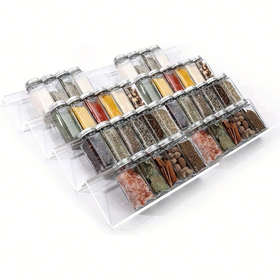 Expandable Acrylic Spice Drawer Organizer – Adjustable 4/6/8-Piece Tray For Kitchen Drawer & Countertop, Tilted Clear Spice Rack (Jars Not Included)