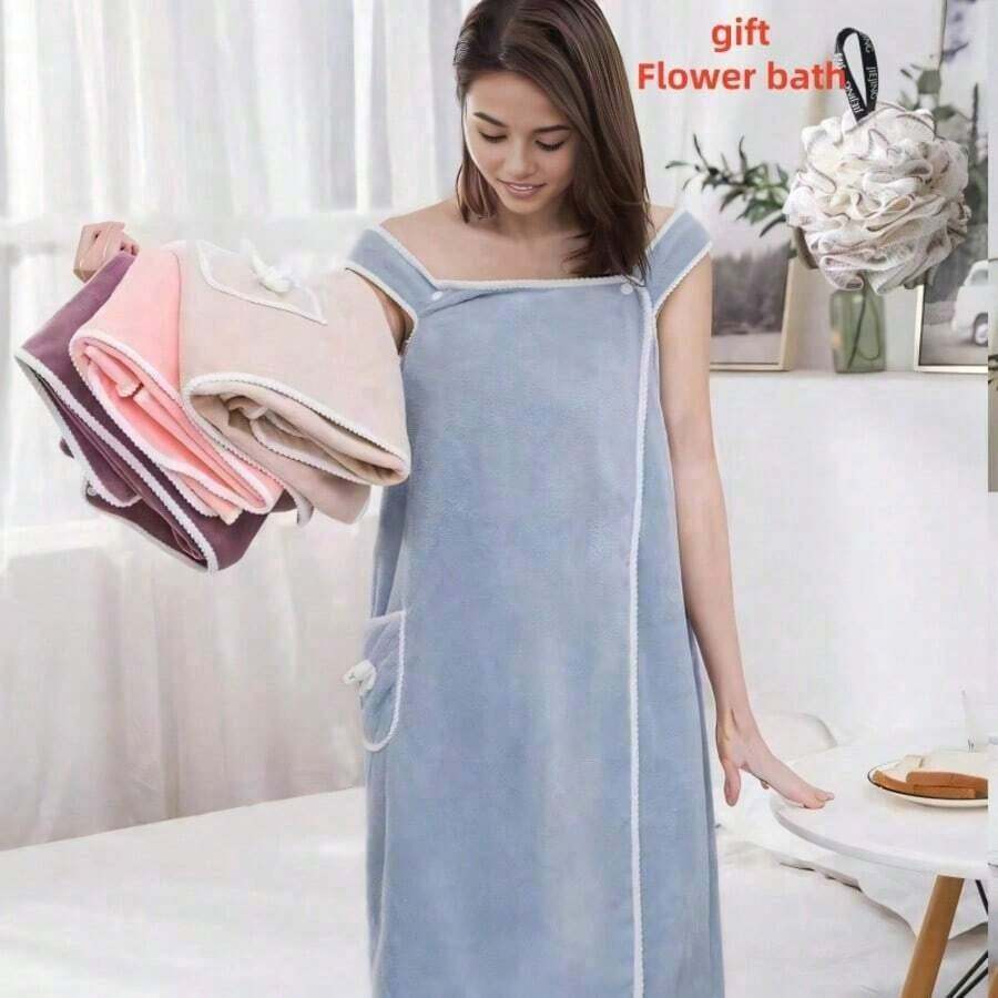 Women Coral Fleece Wearable Bath Skirt Ultra Soft Adjustable Pocket Bath Towel Absorbent Beach Swimming Changing Robe With Bath Flower Household Daily Essential - 豆沙色 - 查看 1