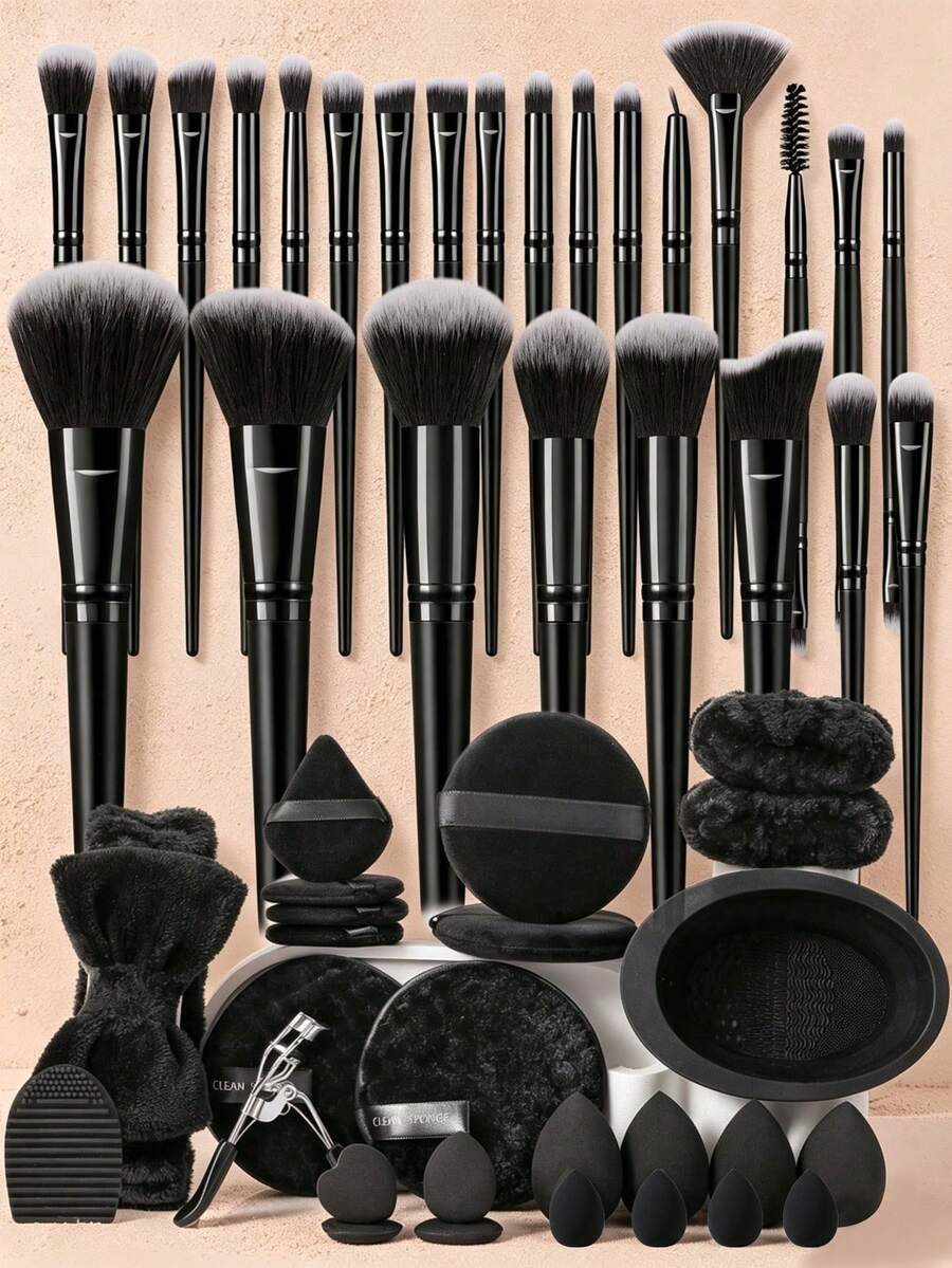 Bộ dụng cụ trang điểm đa năng 51 món bao gồm 25 cọ trang điểm mềm (cọ phấn phủ, cọ má hồng, cọ highlight, cọ phấn mắt, cọ kẻ mắt, cọ tạo khối), 4 bông mút trang điểm, 4 bông phấn tam giác, 4 bông mút ngón tay, băng đô, băng đeo cổ tay, bát vệ sinh cọ trang điểm, bông mút mini, bông mút trộn trang điểm, bông mút tròn, dụng cụ làm sạch lông mi, trứng trang điểm. Bộ dụng cụ trang điểm hoàn chỉnh cho trang điểm hàng ngày. - màu đen - Xem 1
