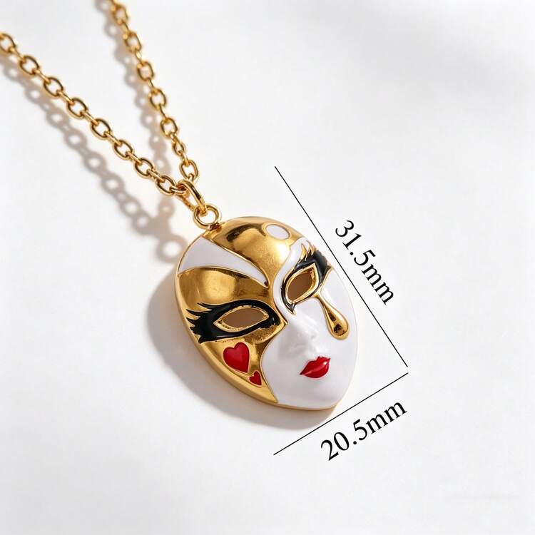 不锈钢复古花卉面具吊坠，镀金珐琅个性化项链 - 金色 - 查看 2