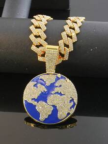 Bộ dây chuyền và đồng hồ Hip Hop Blue Drip Oil Earth, mặt dây chuyền đính đá toàn bộ, dây xích Cuban, phong cách đường phố dành cho rapper, quà tặng dự tiệc, quà sinh nhật cho bạn bè và gia đình. - Màu xanh lam - Xem 3