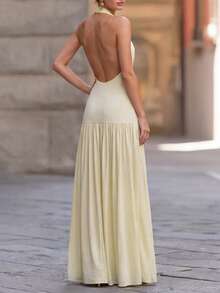 Women's Elegant Vacation Loose Shoulder Tie Waist Chiffon Backless Maxi Dress, Suitable For Beach Summer - Yellow - View 2
