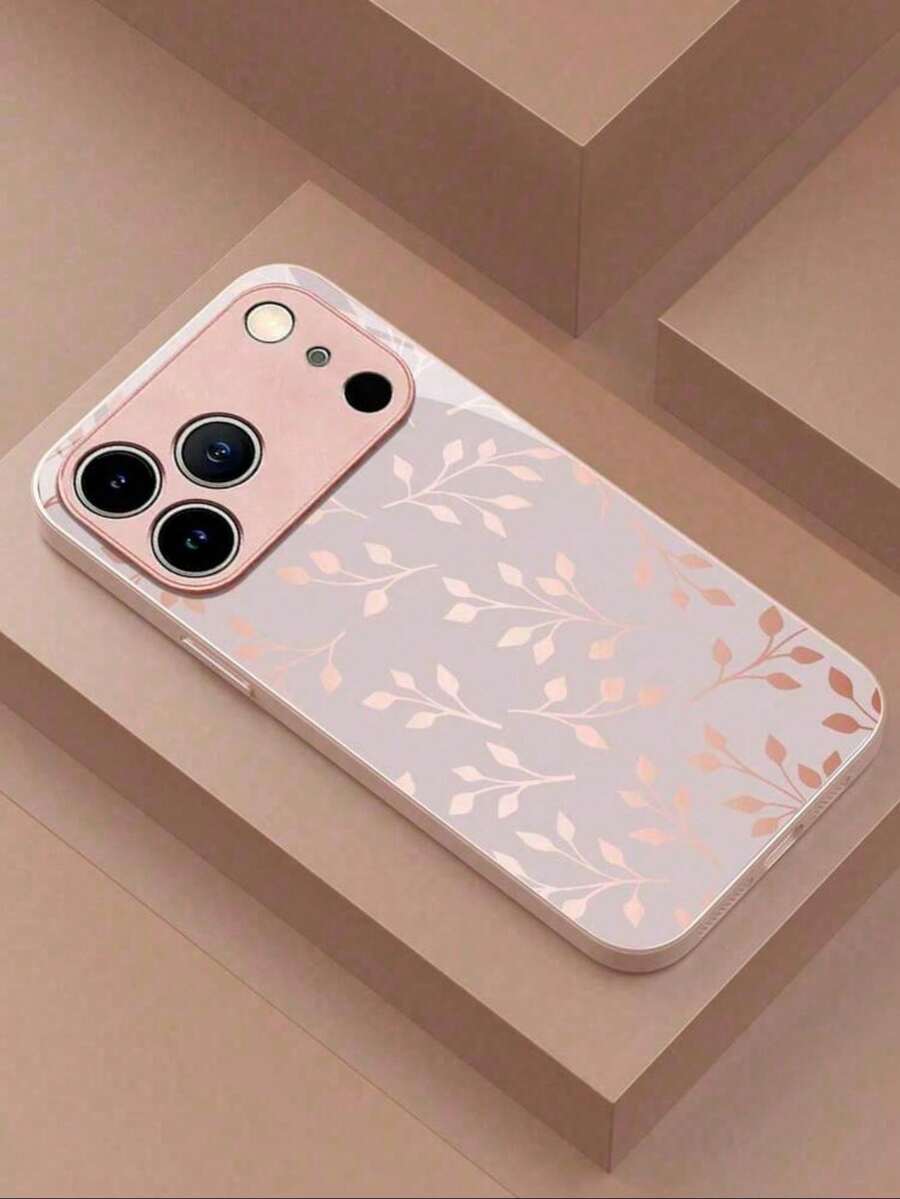 1. 优雅简约高级柔光奢华树叶图案玫瑰金枝叶纹玻璃手机壳，适用于 17/16/15/14/13/12/11 Pro Max/7/8 Plus/Xr/Xs Max/6s/Galaxy S25/S24/S22/S21/S10/A73/A56/A55/A54/A53/A36/A35/A34/A33/A26/A25/A13/A06/S23FE/S23 Plus/S23 Ultra/钢化玻璃手机壳，高级大气质感 - 粉色 - 查看 1