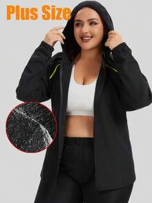 Chaqueta cortavientos e impermeable para mujer de talla grande (1 pieza), cortavientos ligero e impermeable con capucha, mangas largas, bolsillos con cremallera, ideal para deportes. - Negro - Ver 1