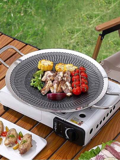 Chảo nướng BBQ Hàn Quốc chống dính dạng tổ ong bằng thép không gỉ, chảo tròn hai tay cầm, chảo nướng trong nhà và ngoài trời, tương thích với bếp từ/bếp ga để nướng và chiên.