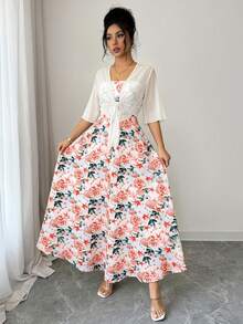 Women's Elegant Ditsy Floral Chiffon Dress & Jacket Two Pieces Set, Fashionable Outfit For Date, Holiday, Casual Wear Vacation Summer Spring - Multicolor - View 2