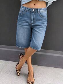 Quần short Bermuda denim nữ dáng rộng, cạp thấp, thoải mái và đa năng, thích hợp mặc hàng ngày vào mùa hè. - Rửa trung bình - Xem 3